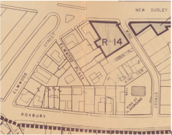 A 1972 Boston Redevelopment Authority (BRA) map of Parcel R-14. Source: Norman B. Leventhal Map & Education Center at the Boston Public Library.