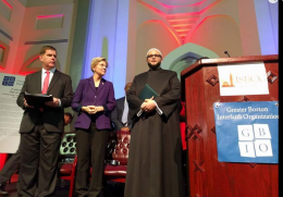 Mayor Marty Walsh, Senator Elizabeth Warren, and Imam Yasir Fahmy at the ISBCC Interfaith Rally (2016). Photo: ISBCC Facebook Page.