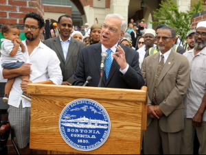 Mayor Thomas Menino speaking at the Muhammed Ali-Salaam Square naming ceremony (August 2013). Photo: ISBCC Facebook Page