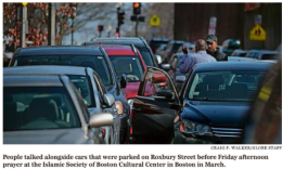 Traffic and parking flow during Friday congregational prayers. Photo: The Boston Globe.